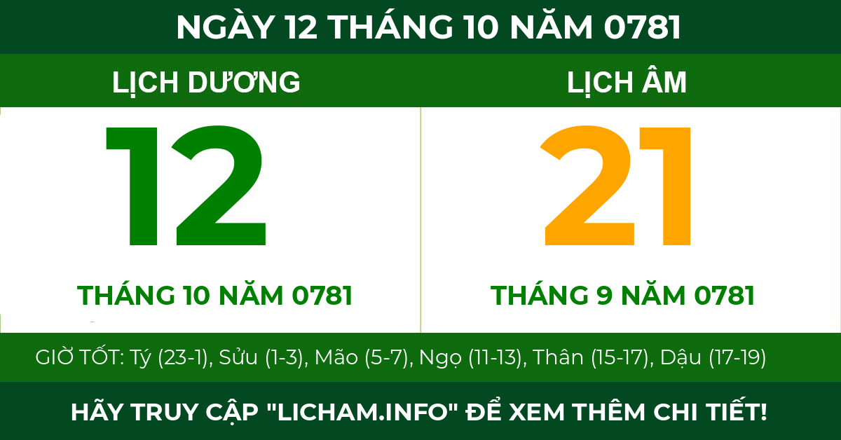 lịch âm ngày 12 tháng 10 năm 0781