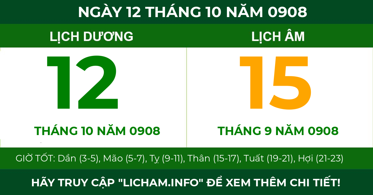 lịch âm ngày 12 tháng 10 năm 0908