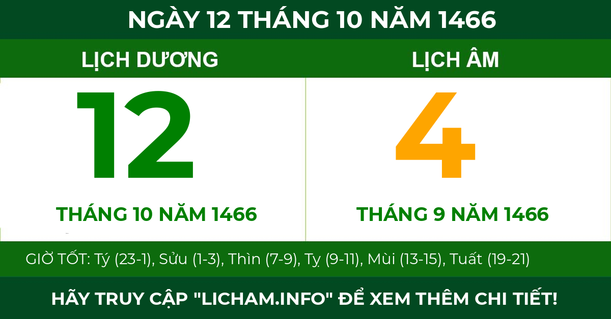 lịch âm ngày 12 tháng 10 năm 1466