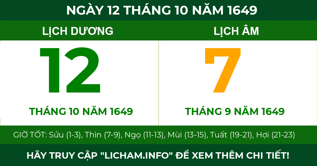 lịch âm ngày 12 tháng 10 năm 1649
