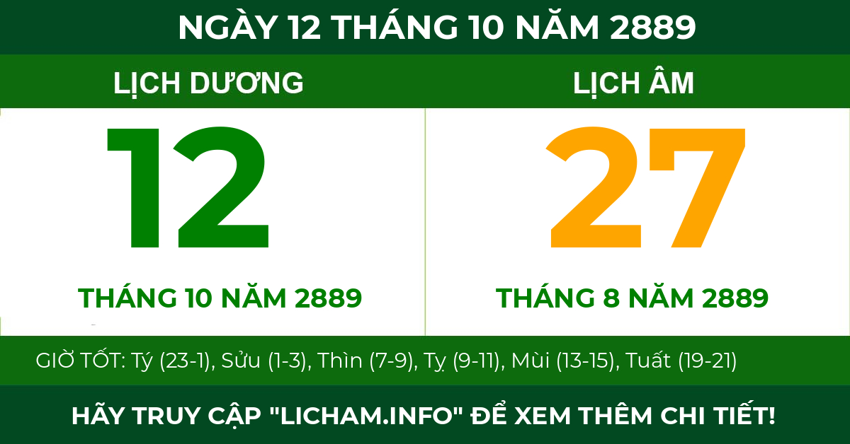 lịch âm ngày 12 tháng 10 năm 2889
