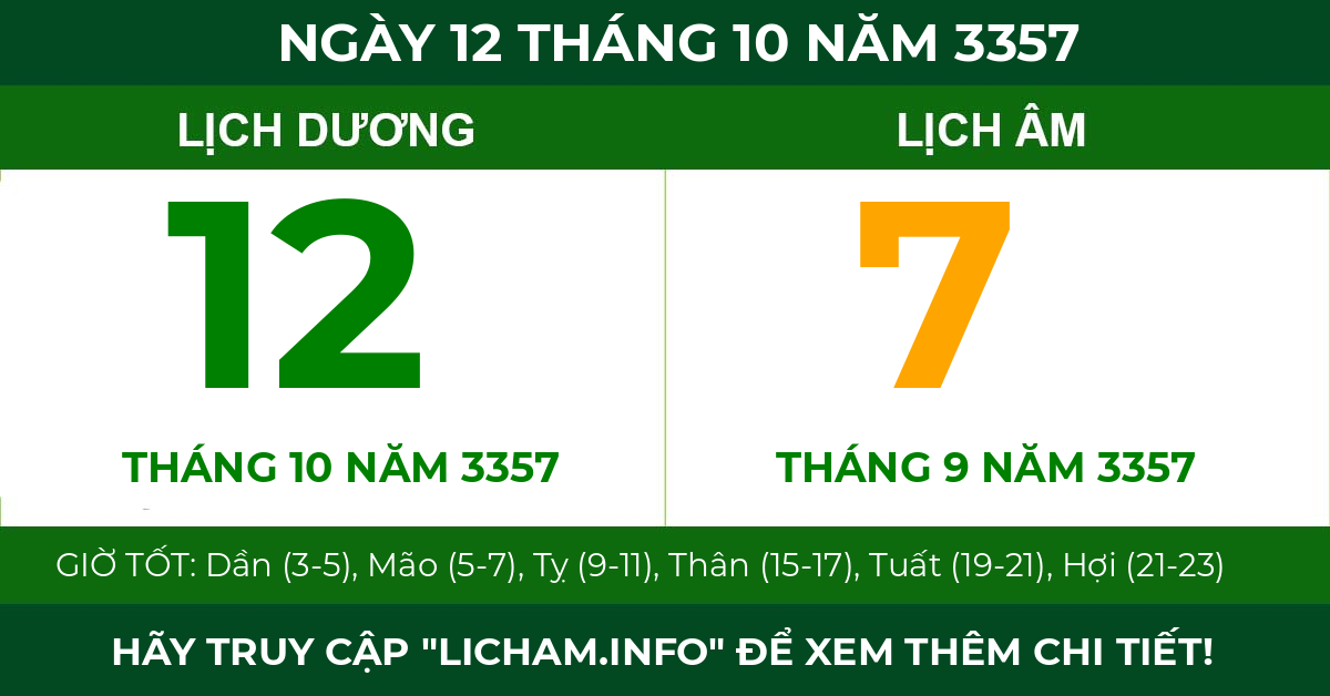 lịch âm ngày 12 tháng 10 năm 3357