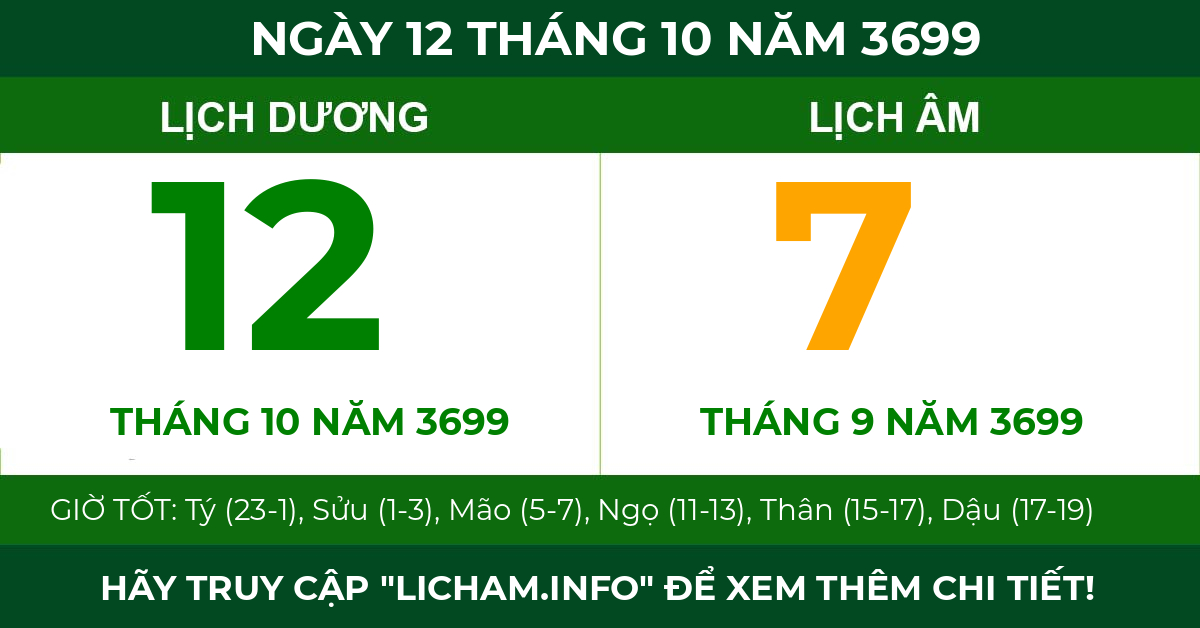 lịch âm ngày 12 tháng 10 năm 3699