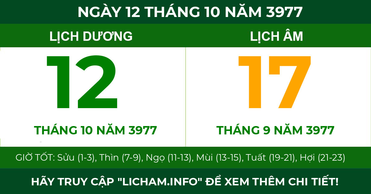 lịch âm ngày 12 tháng 10 năm 3977