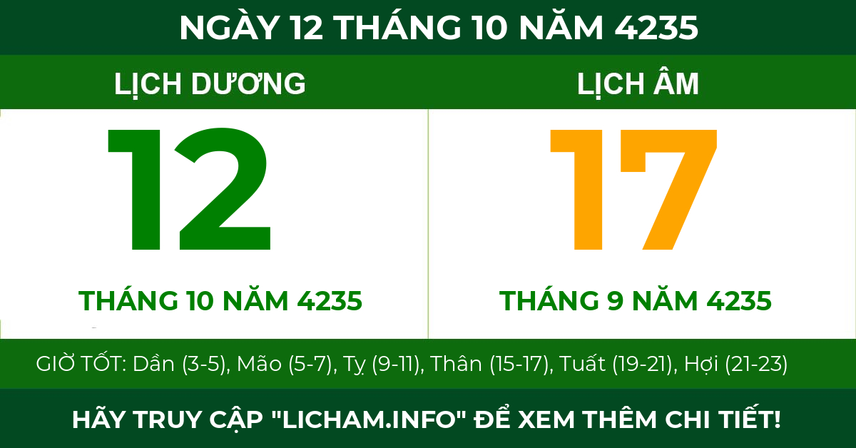 lịch âm ngày 12 tháng 10 năm 4235
