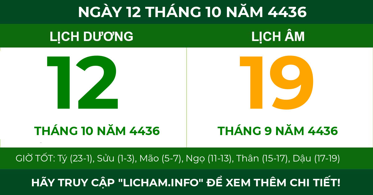 lịch âm ngày 12 tháng 10 năm 4436