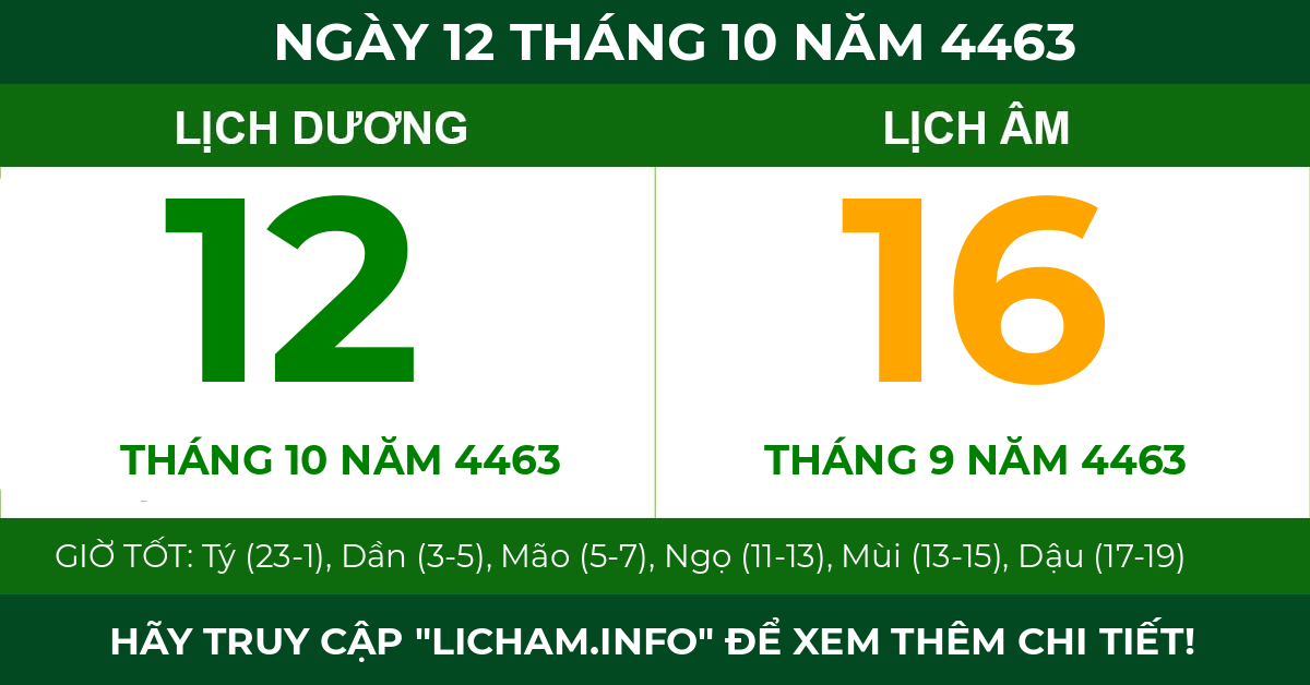 lịch âm ngày 12 tháng 10 năm 4463