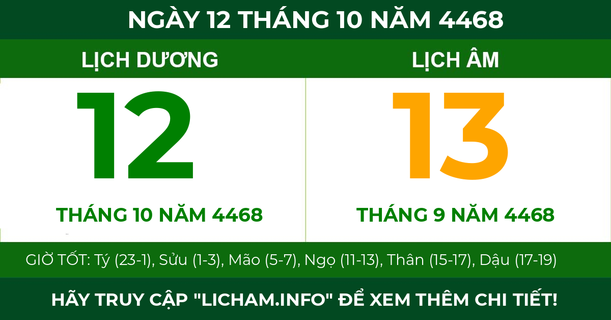 lịch âm ngày 12 tháng 10 năm 4468
