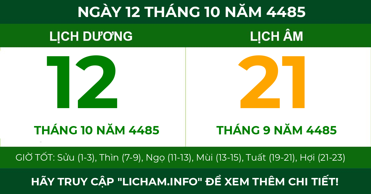lịch âm ngày 12 tháng 10 năm 4485
