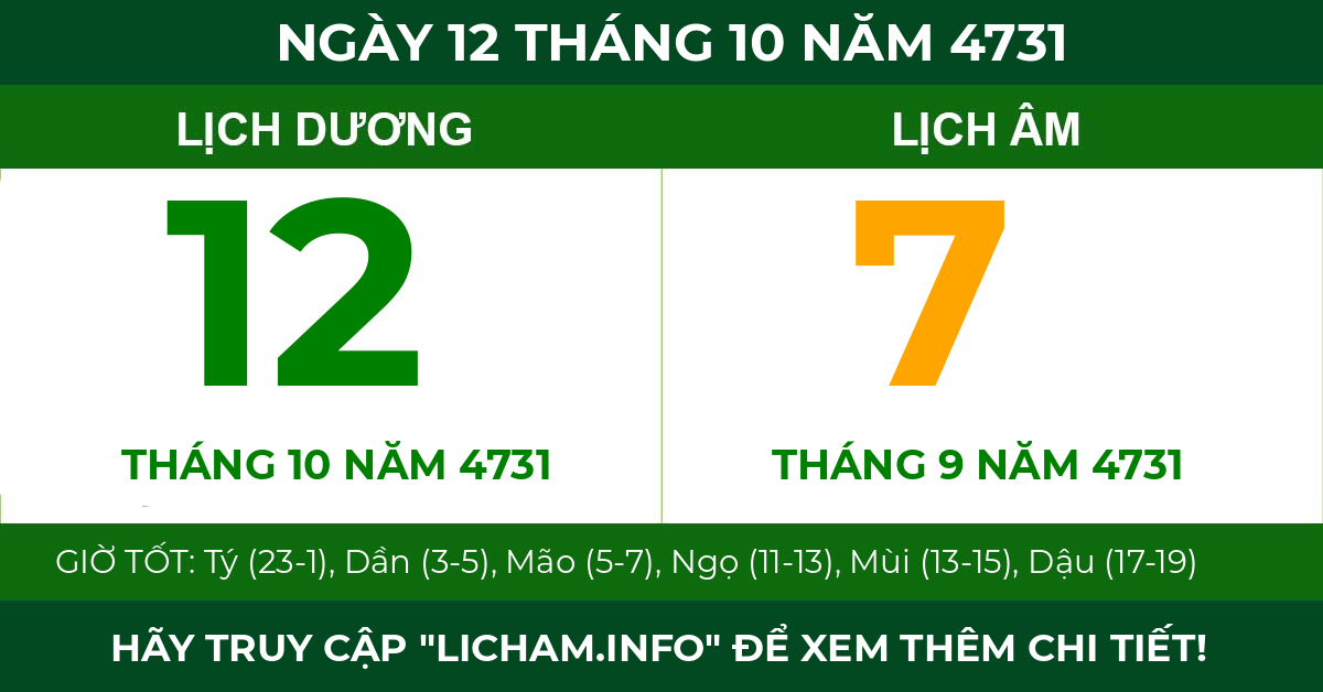 lịch âm ngày 12 tháng 10 năm 4731
