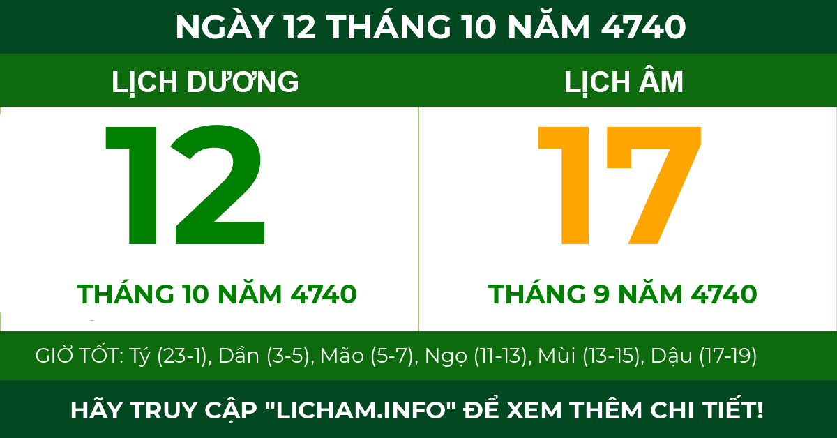 lịch âm ngày 12 tháng 10 năm 4740