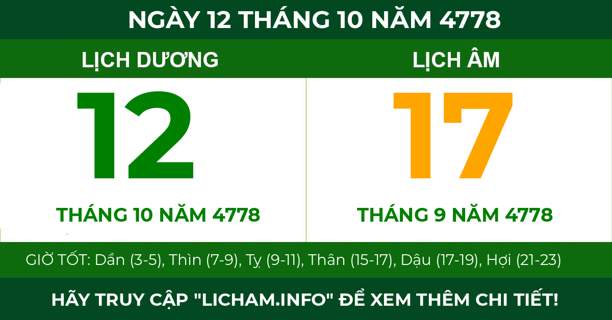 lịch âm ngày 12 tháng 10 năm 4778