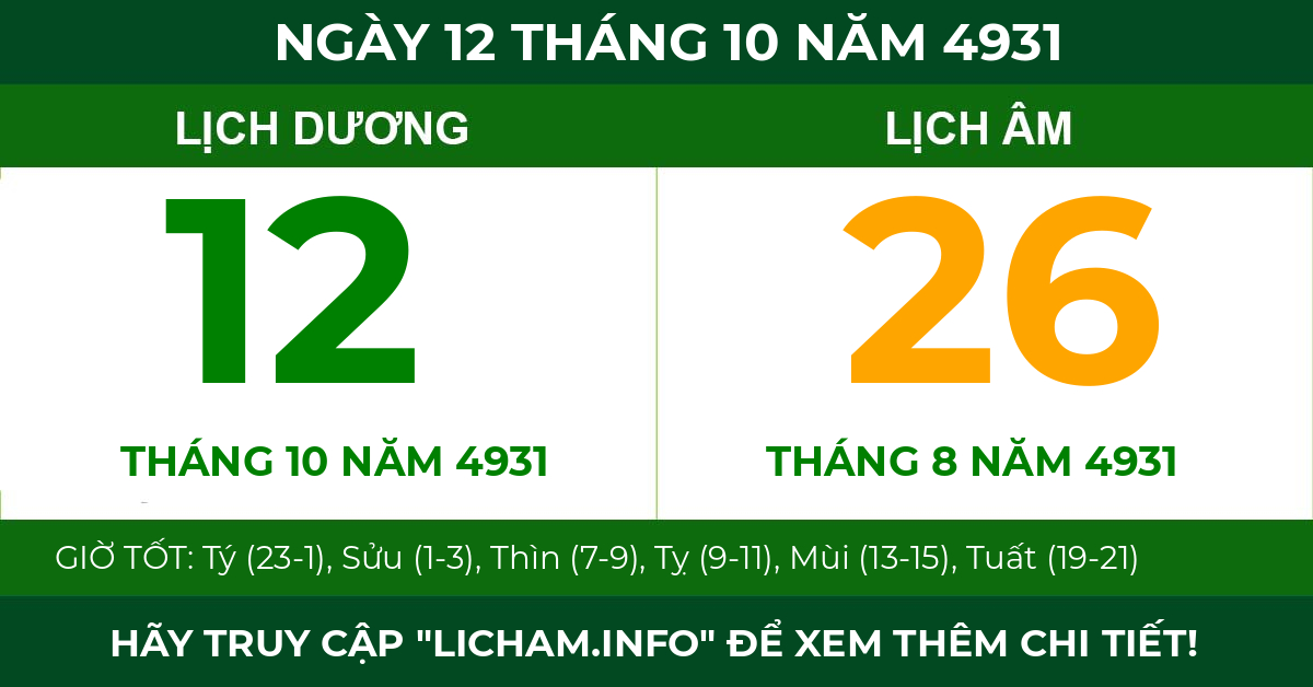 lịch âm ngày 12 tháng 10 năm 4931