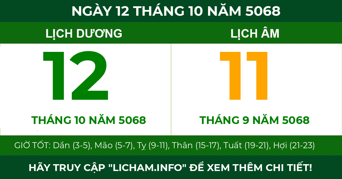 lịch âm ngày 12 tháng 10 năm 5068