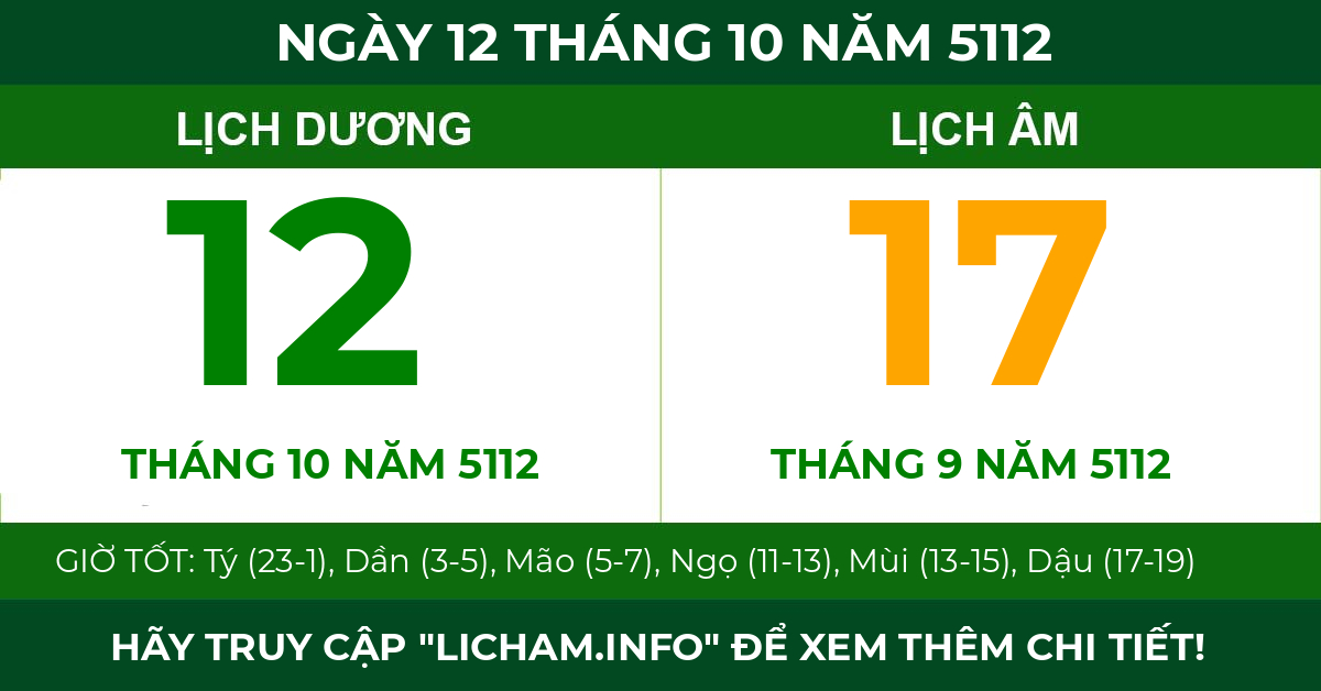 lịch âm ngày 12 tháng 10 năm 5112