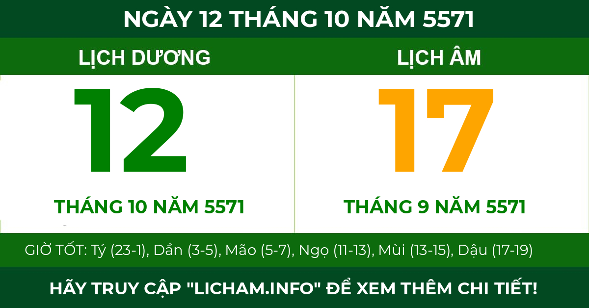 lịch âm ngày 12 tháng 10 năm 5571