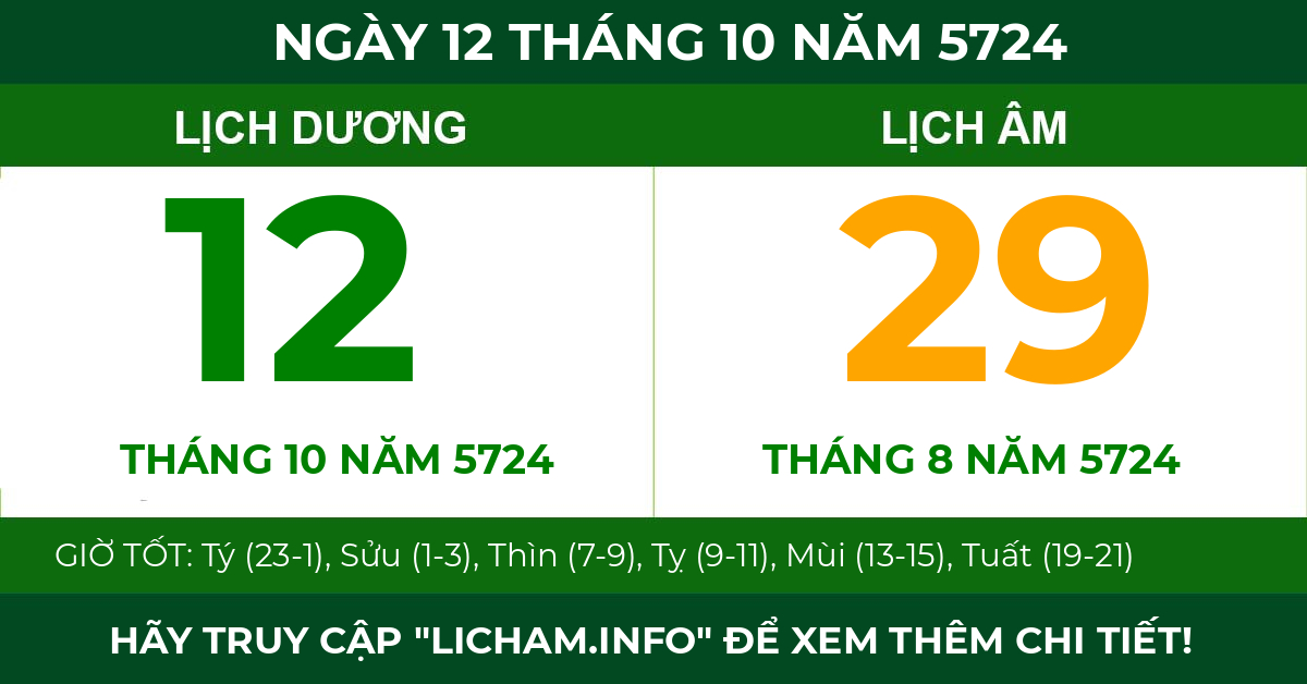lịch âm ngày 12 tháng 10 năm 5724