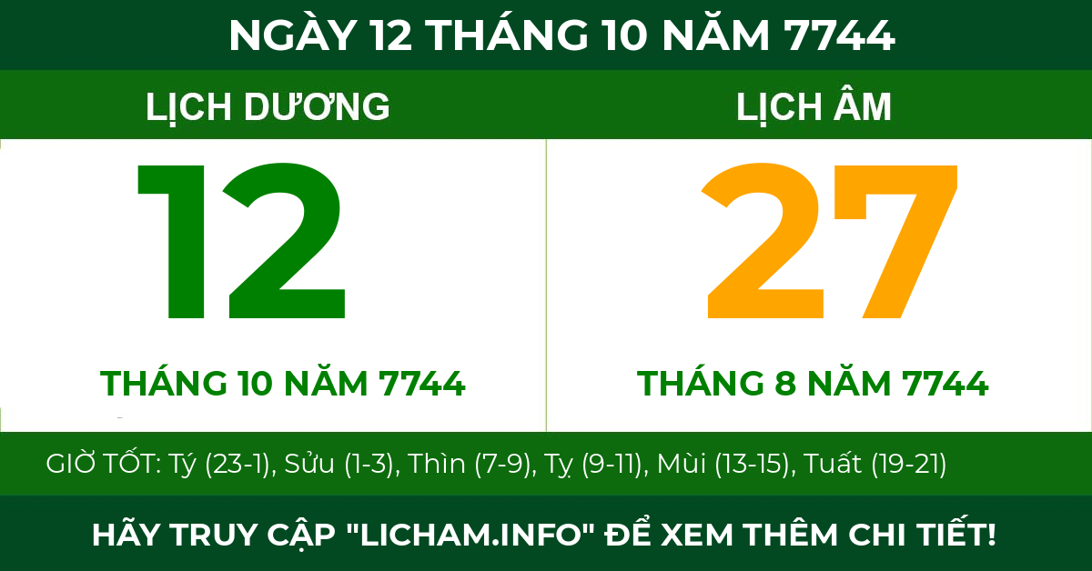 lịch âm ngày 12 tháng 10 năm 7744