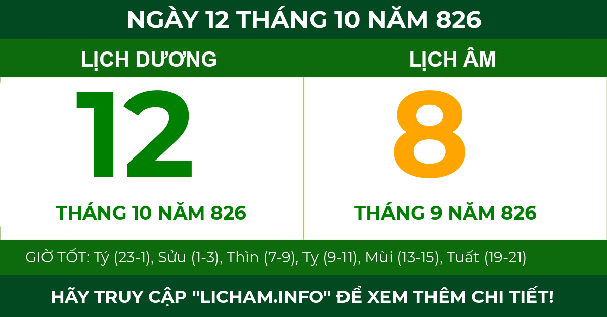 lịch âm ngày 12 tháng 10 năm 826