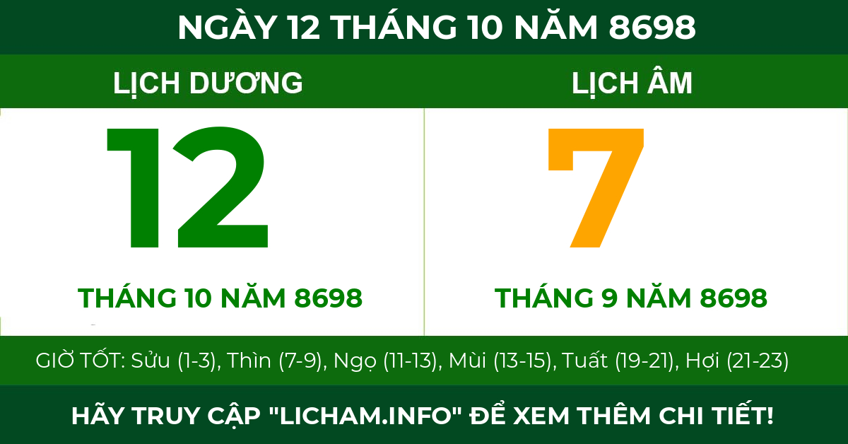 lịch âm ngày 12 tháng 10 năm 8698