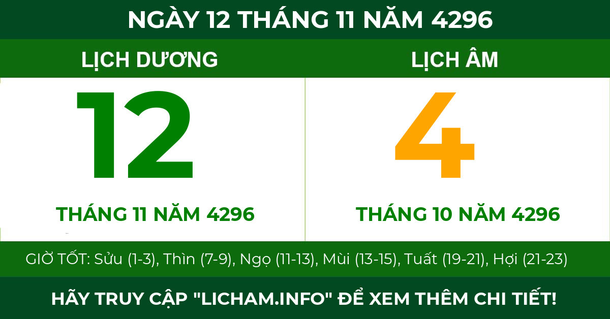 lịch âm ngày 12 tháng 11 năm 4296