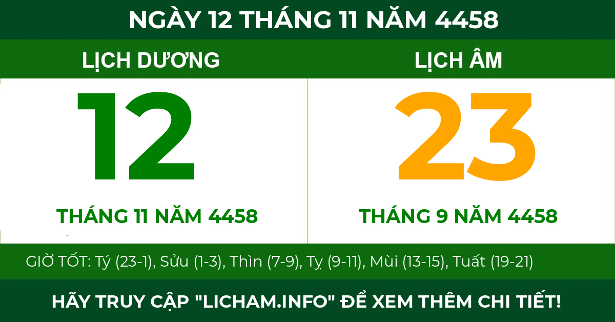lịch âm ngày 12 tháng 11 năm 4458
