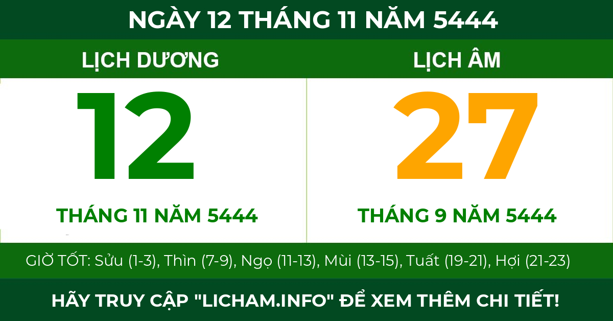 lịch âm ngày 12 tháng 11 năm 5444
