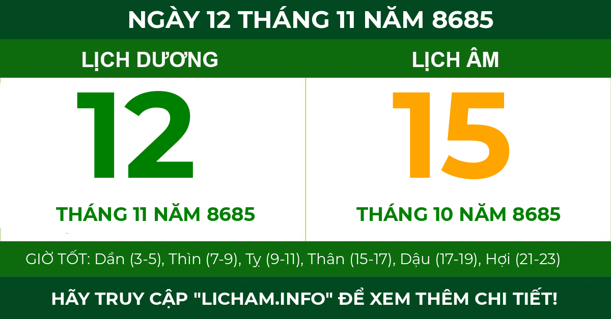 lịch âm ngày 12 tháng 11 năm 8685