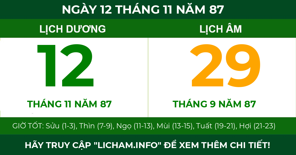 lịch âm ngày 12 tháng 11 năm 87