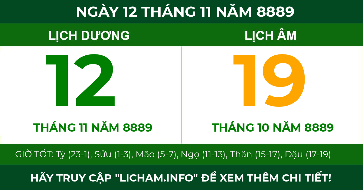 lịch âm ngày 12 tháng 11 năm 8889