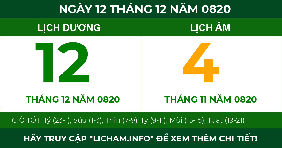 lịch âm ngày 12 tháng 12 năm 0820