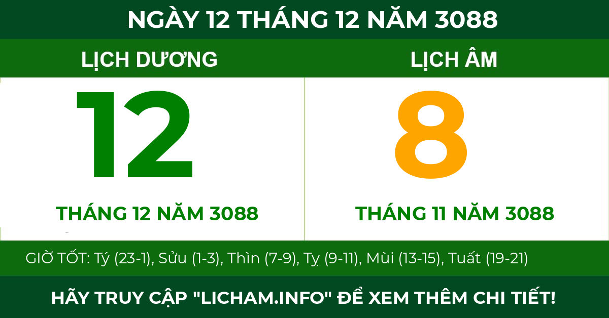 lịch âm ngày 12 tháng 12 năm 3088