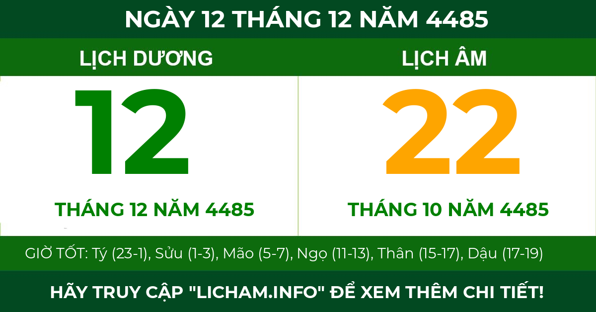 lịch âm ngày 12 tháng 12 năm 4485