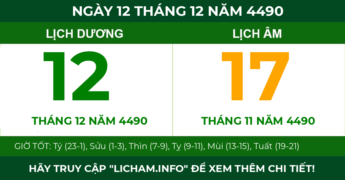 lịch âm ngày 12 tháng 12 năm 4490