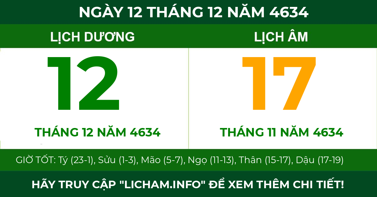 lịch âm ngày 12 tháng 12 năm 4634