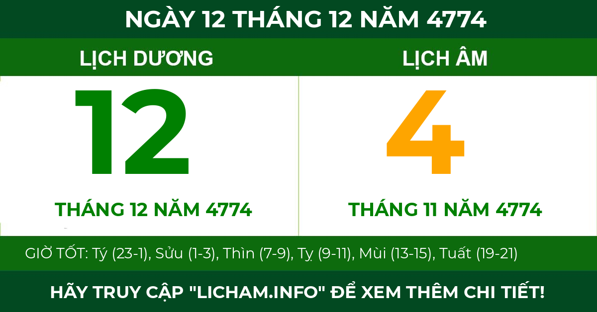 lịch âm ngày 12 tháng 12 năm 4774