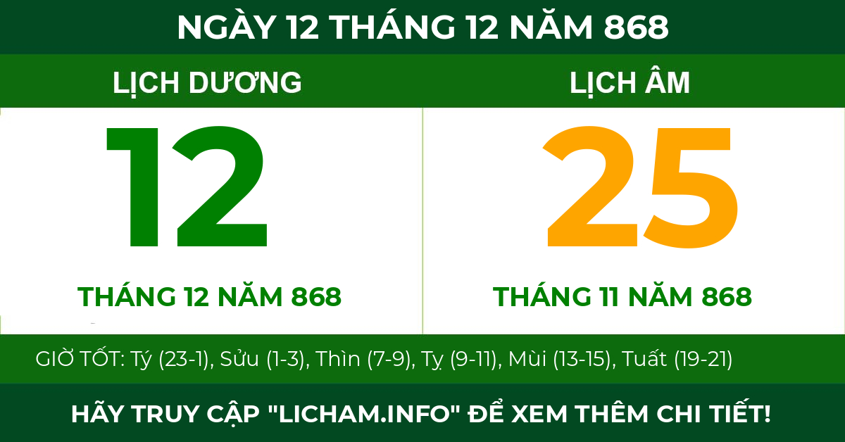 lịch âm ngày 12 tháng 12 năm 868