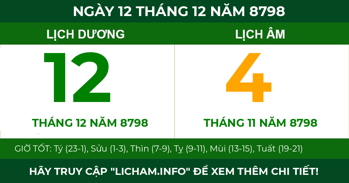lịch âm ngày 12 tháng 12 năm 8798