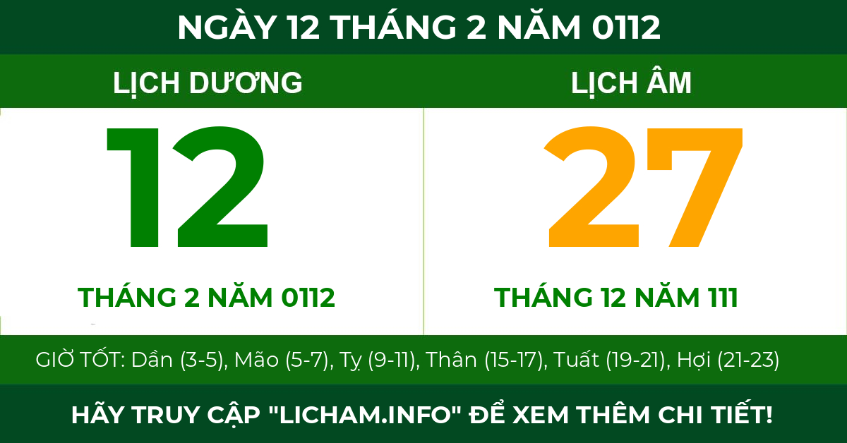 lịch âm ngày 12 tháng 2 năm 0112