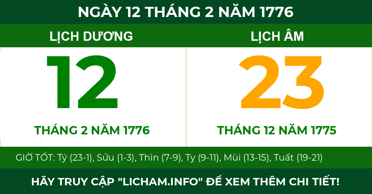 lịch âm ngày 12 tháng 2 năm 1776