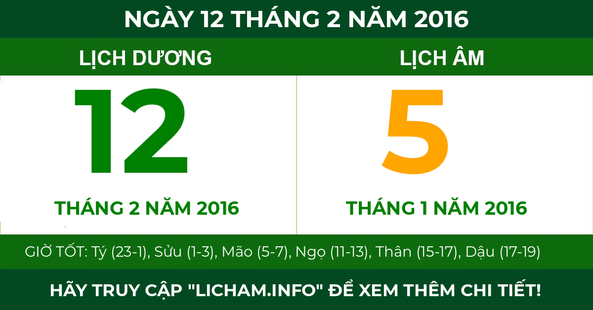 lịch âm ngày 12 tháng 2 năm 2016