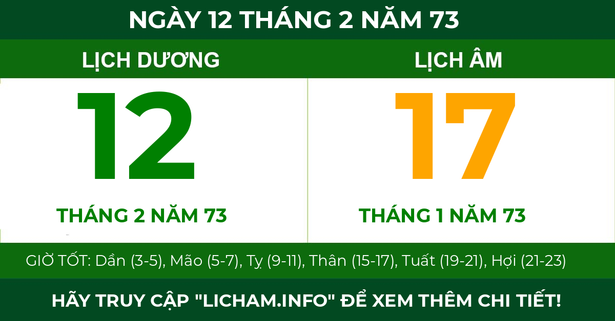 lịch âm ngày 12 tháng 2 năm 73