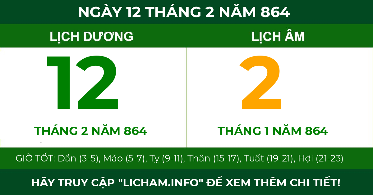 lịch âm ngày 12 tháng 2 năm 864