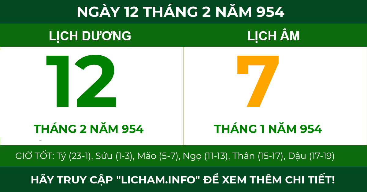 lịch âm ngày 12 tháng 2 năm 954