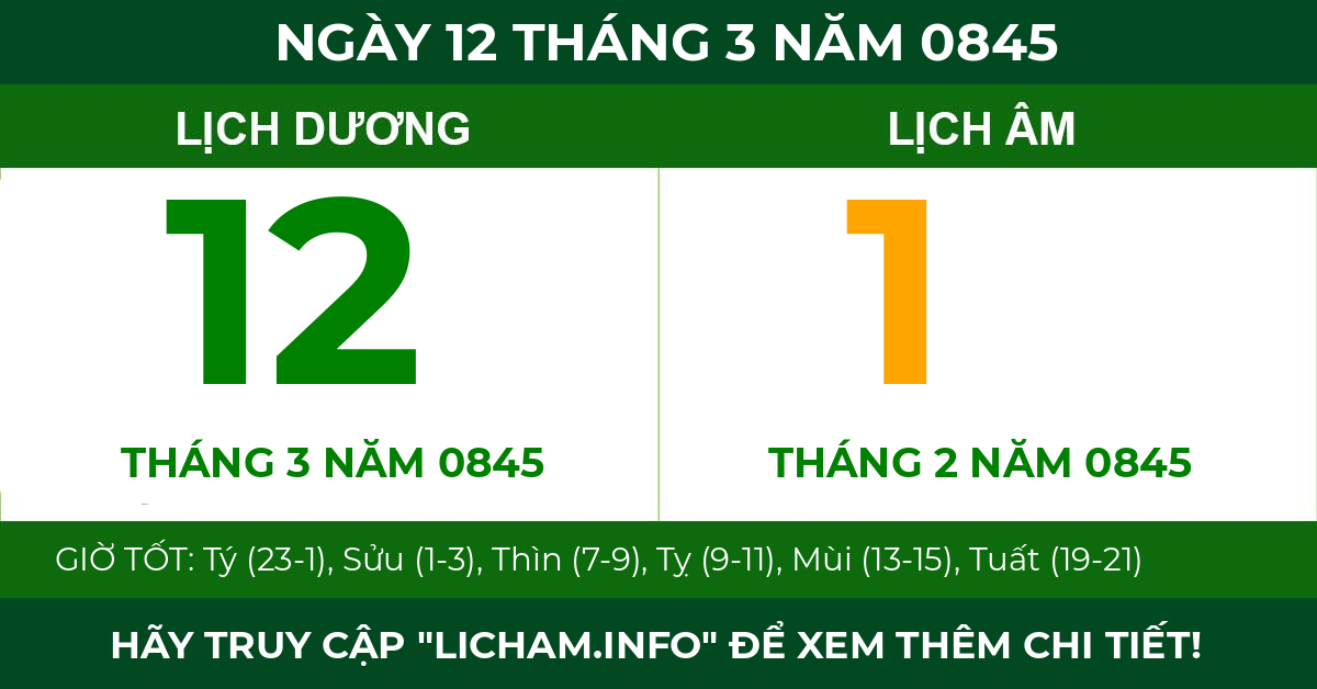 lịch âm ngày 12 tháng 3 năm 0845