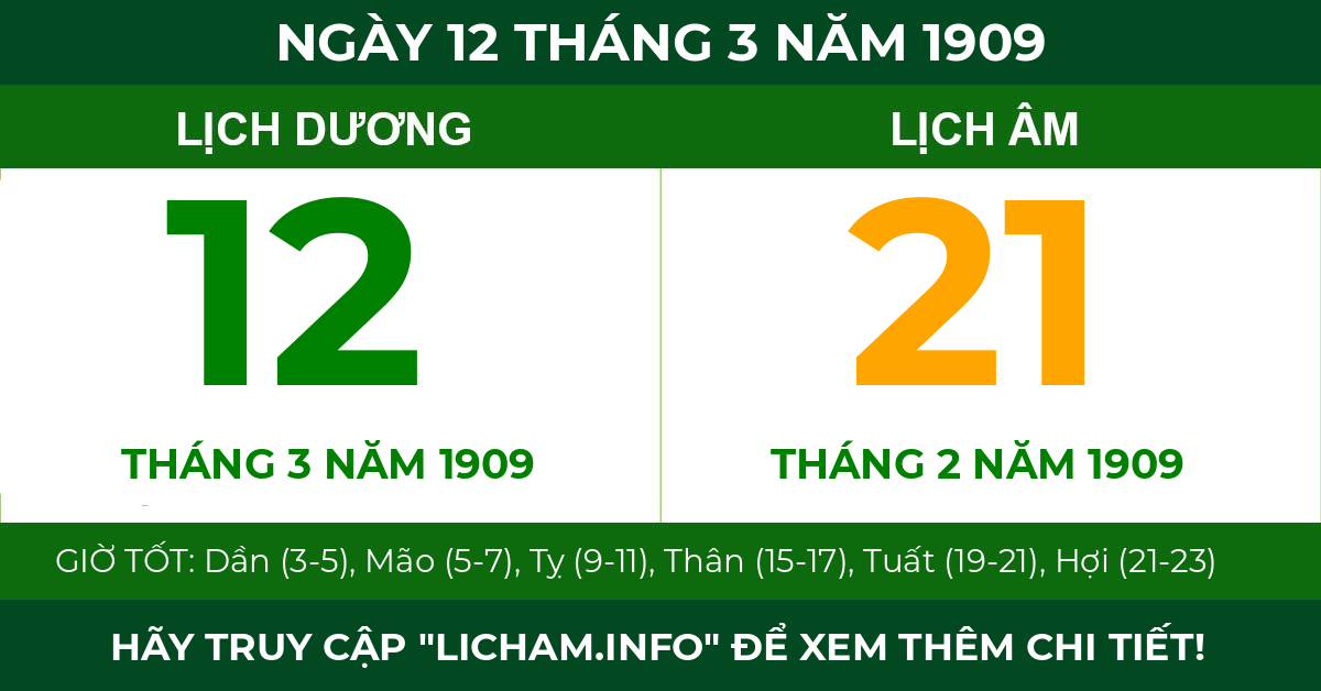 lịch âm ngày 12 tháng 3 năm 1909