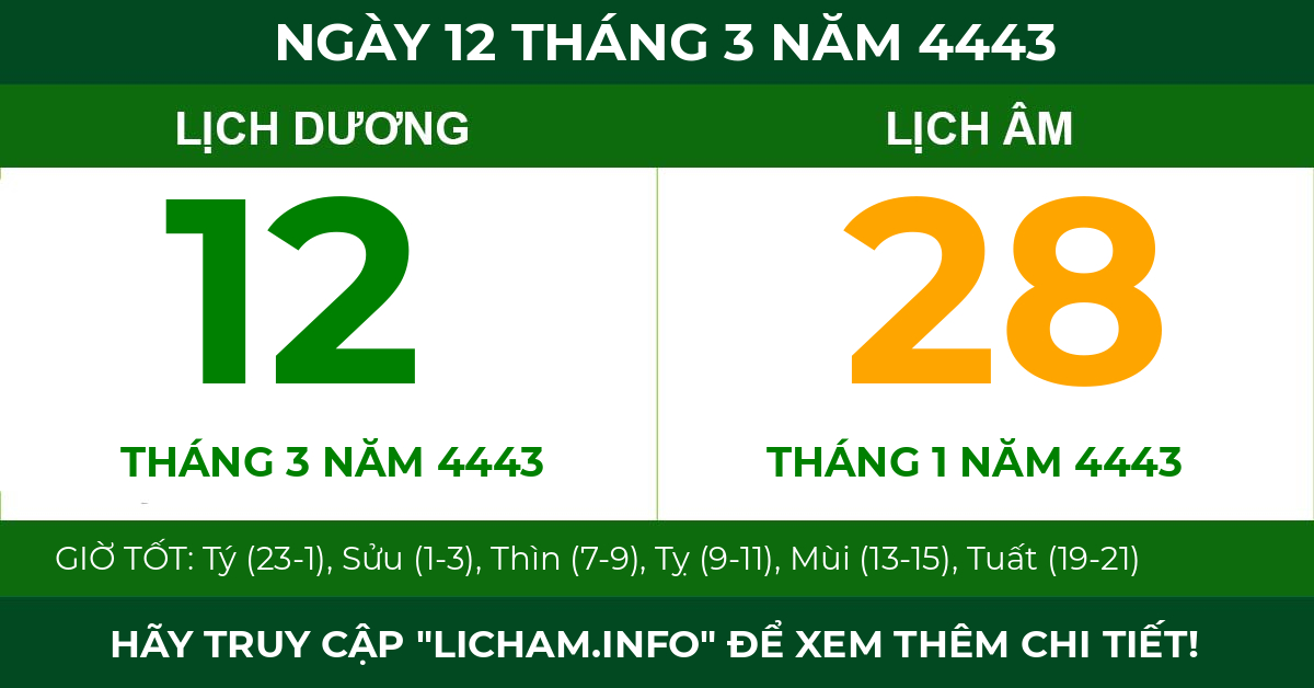lịch âm ngày 12 tháng 3 năm 4443