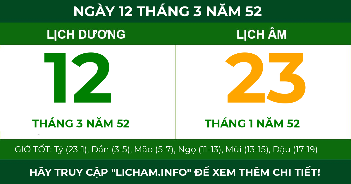 lịch âm ngày 12 tháng 3 năm 52