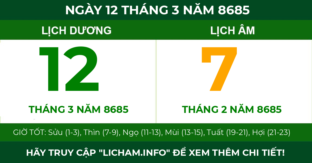 lịch âm ngày 12 tháng 3 năm 8685