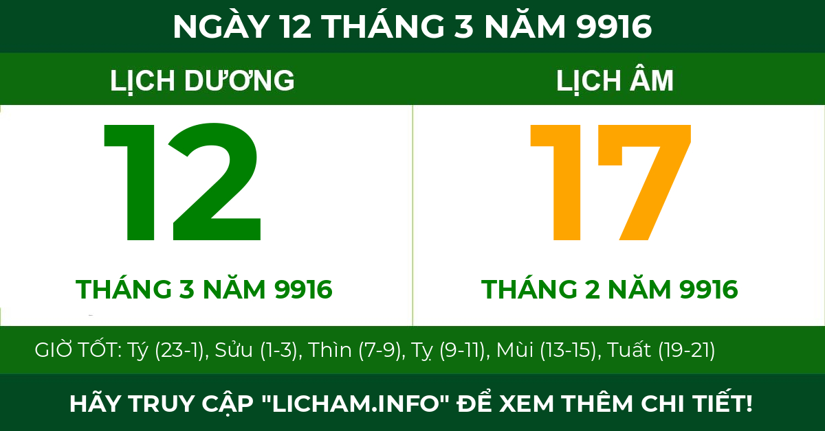 lịch âm ngày 12 tháng 3 năm 9916